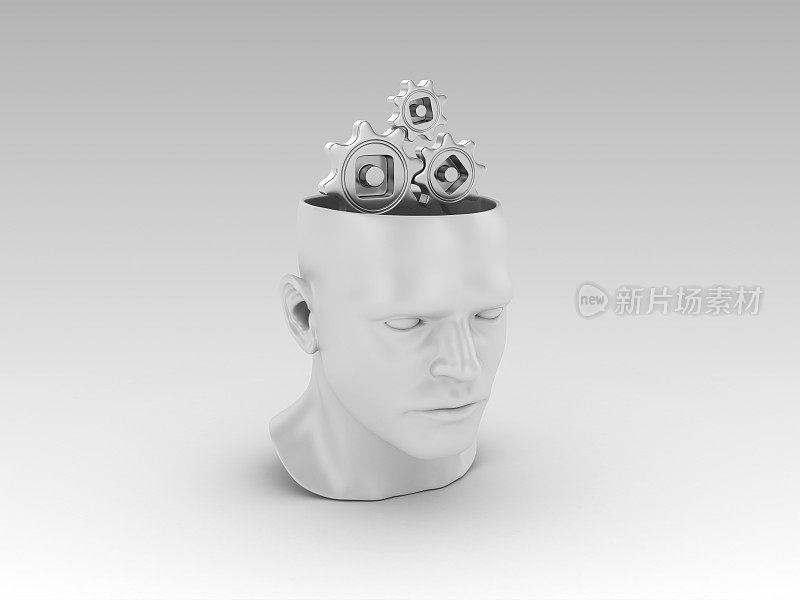 人的头与齿轮- 3D渲染